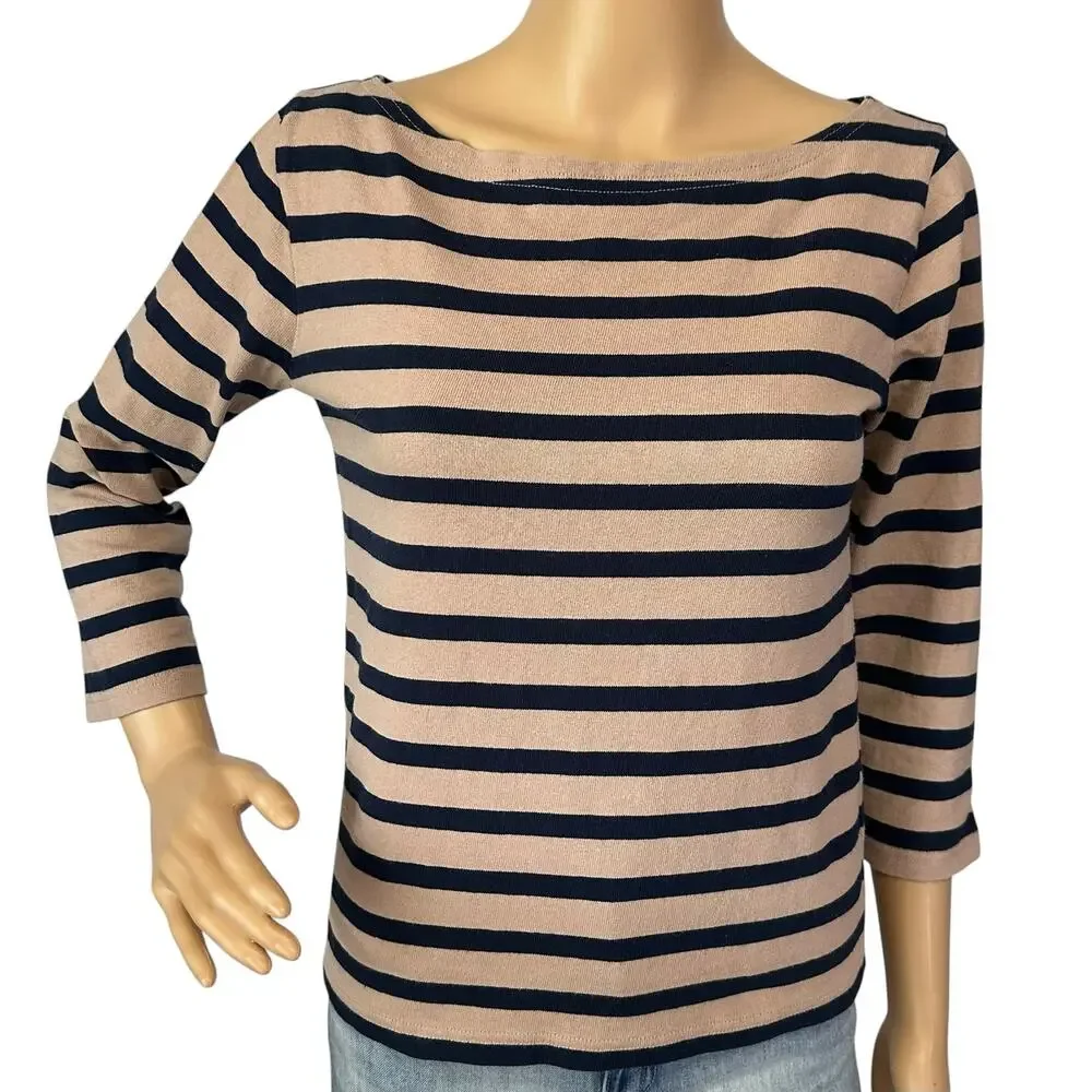 J. Crew Classic Mariner Cloth Boatneck T-Shirt in Stripe Tan H6778 Size XXS
